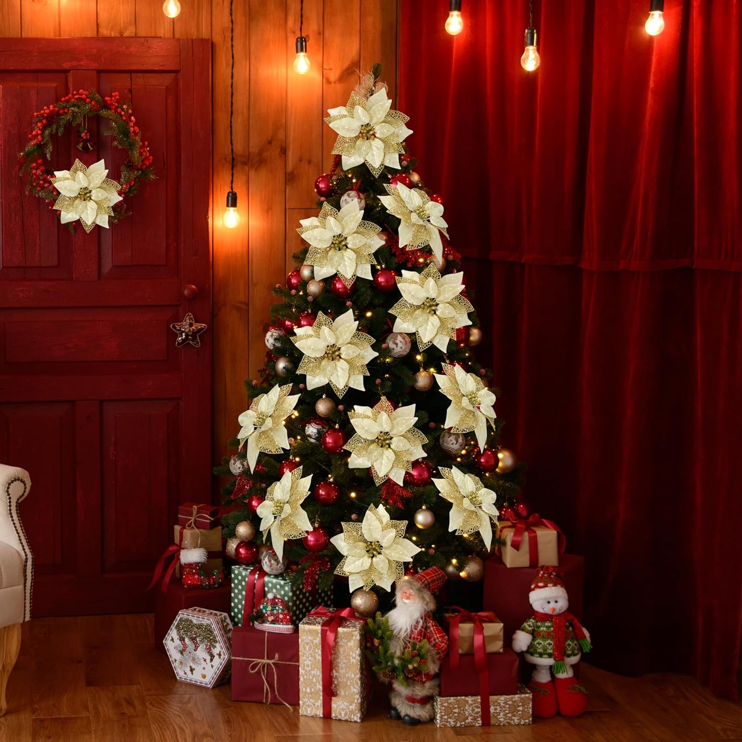 Childom 12 PCS Poinsettia Flower Artificial Poinsettia Christmas Decoration 8.7'' Gold Glitter Poinsettias Christmas Ornaments Xmas Tree Flower Decor with Clips DIY Xmas Wreath Holiday Home Party